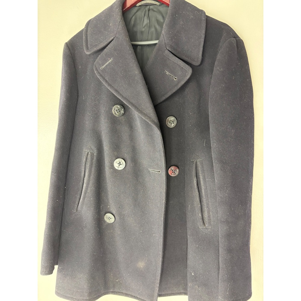 Vintage 1970 US Navy Wool Kersey Peacoat Pembroke Inc 38R Military Navy Blue